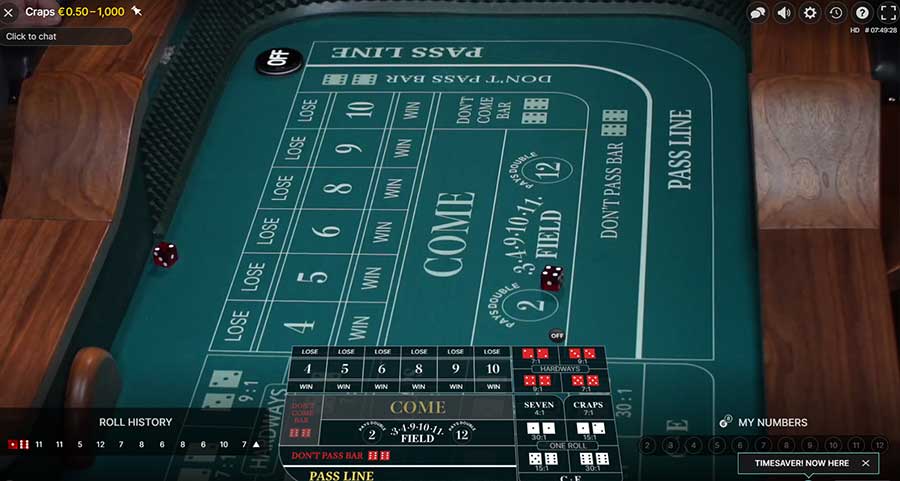 Layout of how an online Craps tabel looks like