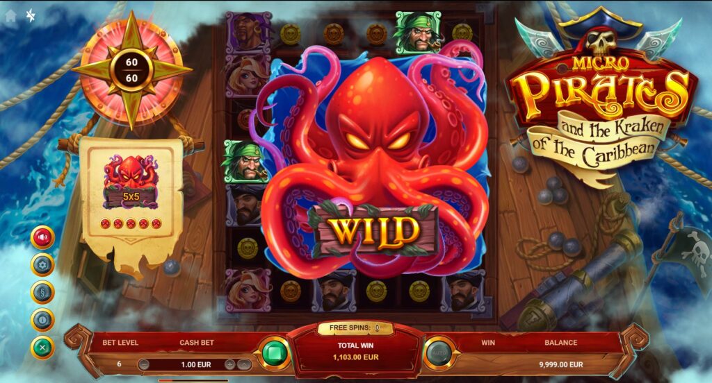 5x5 wild in the bonus of the free spins won at Micro Pirates and the Kraken of the Caribbean