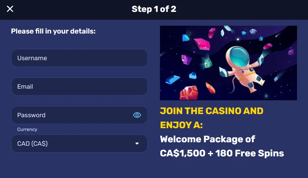 Casino Bonus of CAR$1,500 + 180 Free Spins offered by Galactic Wins
