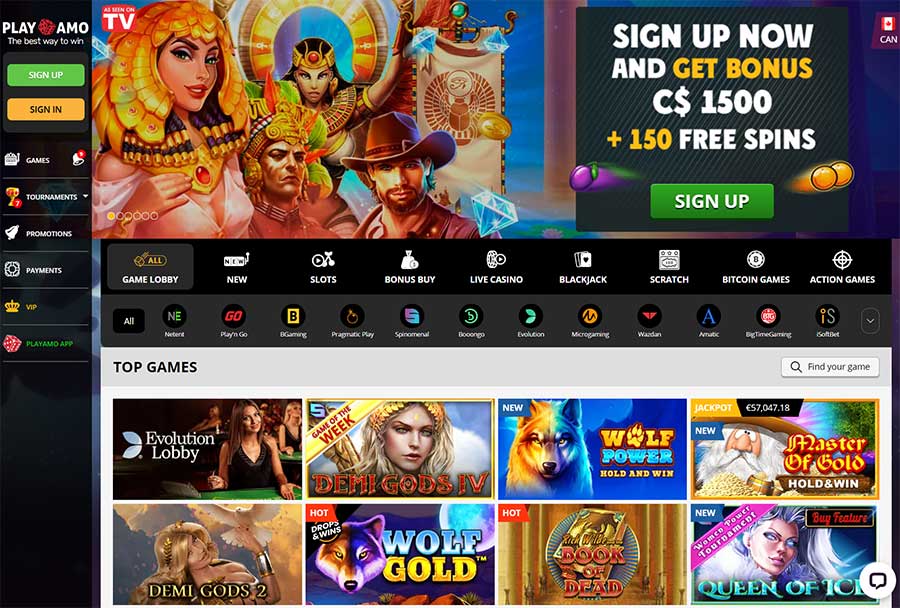 Homepage of Playamo casino forBrazilian players