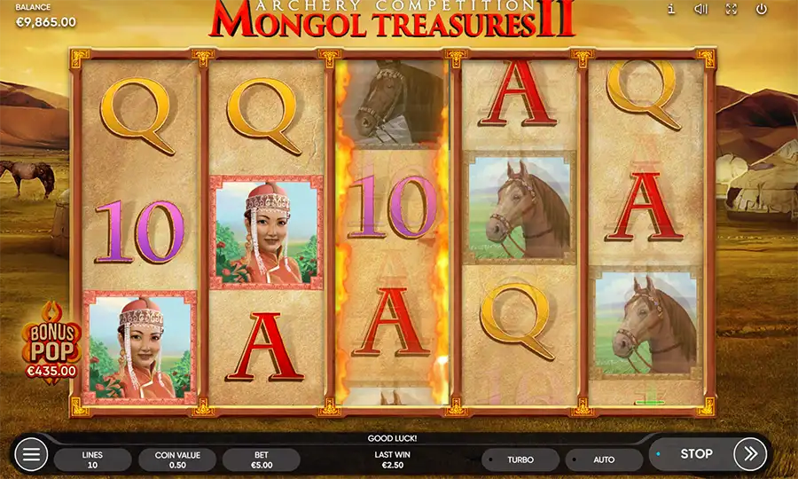 Mongol Treasures II Slot almost hits the third scatter for a bonus game trigger