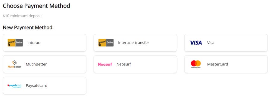 With this selection of Payment methods you can mae a deposit and withdaw money form CasiGo: Interac, Interac -transfer, Visa, Muchbetter, Neosurf, Mastercartd and Paysafecard