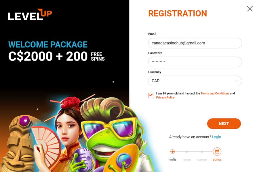 Simple registration at Level Up Casino and the new welcome bonus of up tp R$2000!
