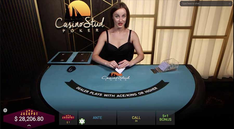 Live dealer at the Playtech Casino Stud Poker table