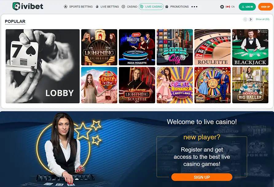 Ivibet live dealer games. Lobby of the casino