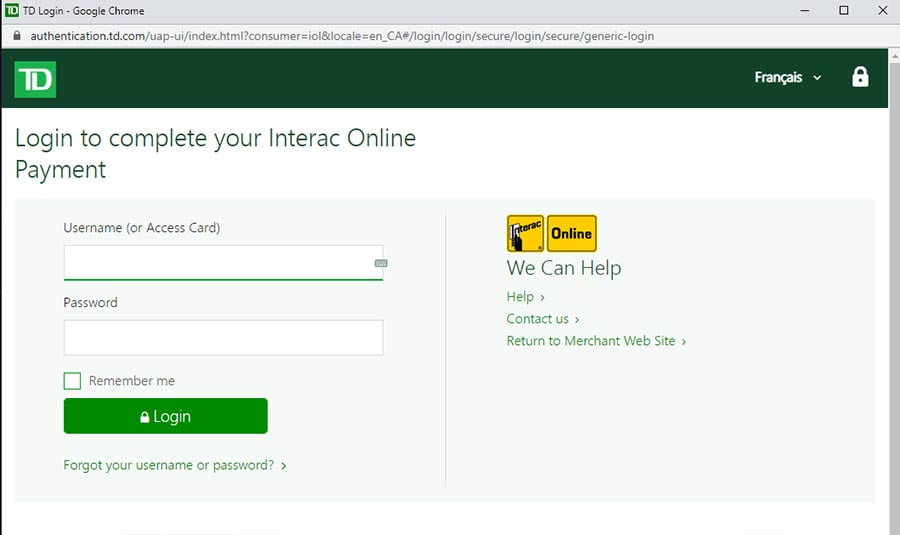 Interac payment account login screen