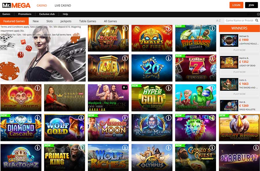 MrMega Casino games lobby with slots and live dealer games like roulette and blackjack