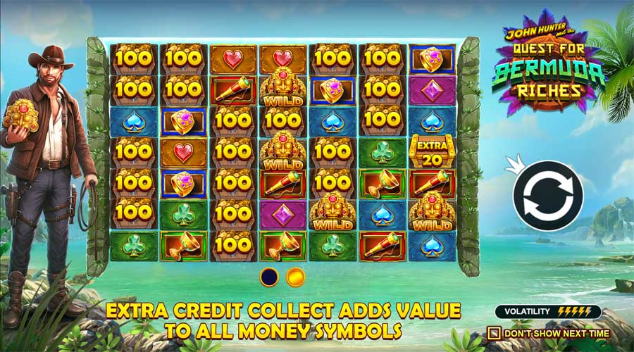 John Hunter and the Quest for Bermuda Riches intro screen with information about the win possibilities and volati;lity of the slot game