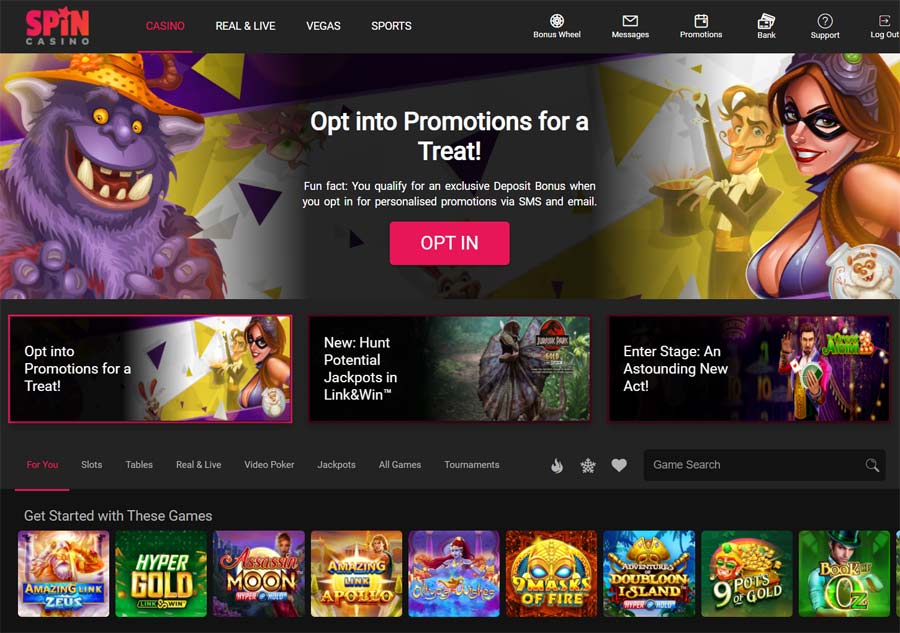 Spincasino.com website with the dark theme enabled